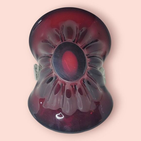 Ruby Red Hand Blown Art Glass Basket Applied Handle Clear Ground Base - Picture 8 of 13